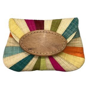 Mar Y Sol Marcella wood embellished rainbow rafia envelope clutch bag w/ tassel